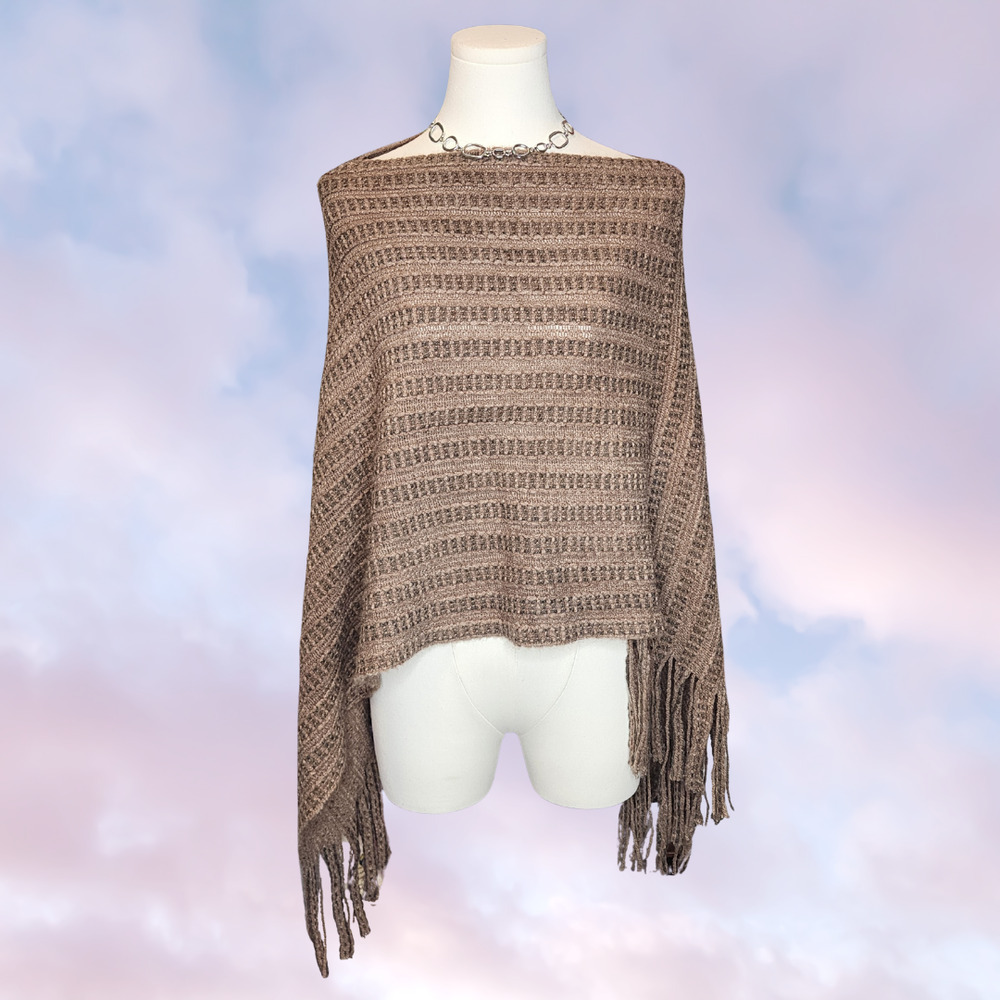 Brown Taupe Knitted Soft Fuzzy Cover Up Warm Boho Hippie Festival Fringe Poncho - Picture 2 of 5